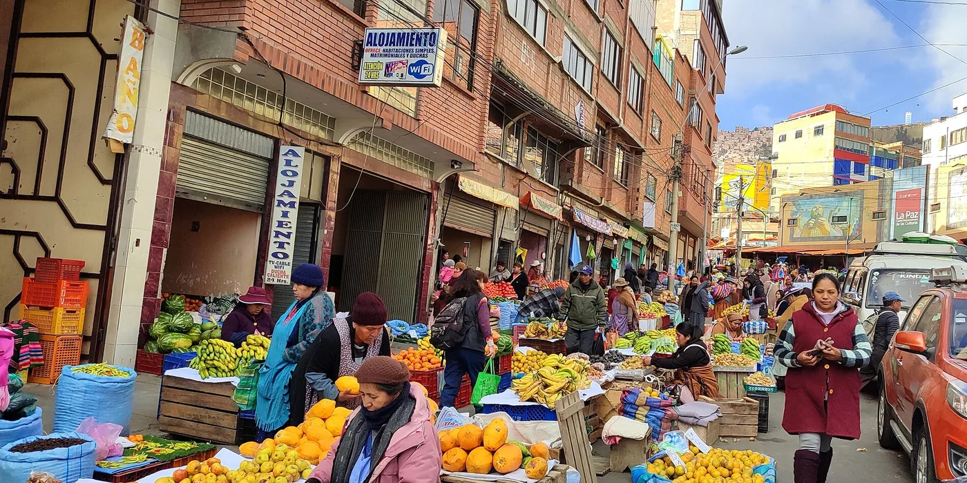 Étals de fruits et de produits andins sur un marché couvert de La Paz