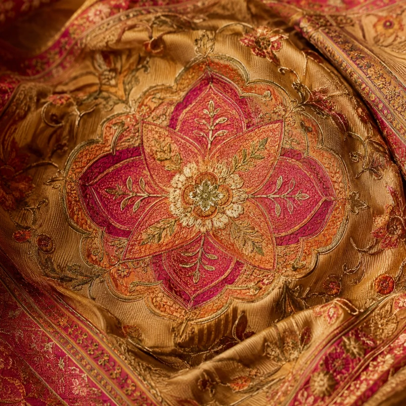Broderie florale rose et dorée sur un textile indien
