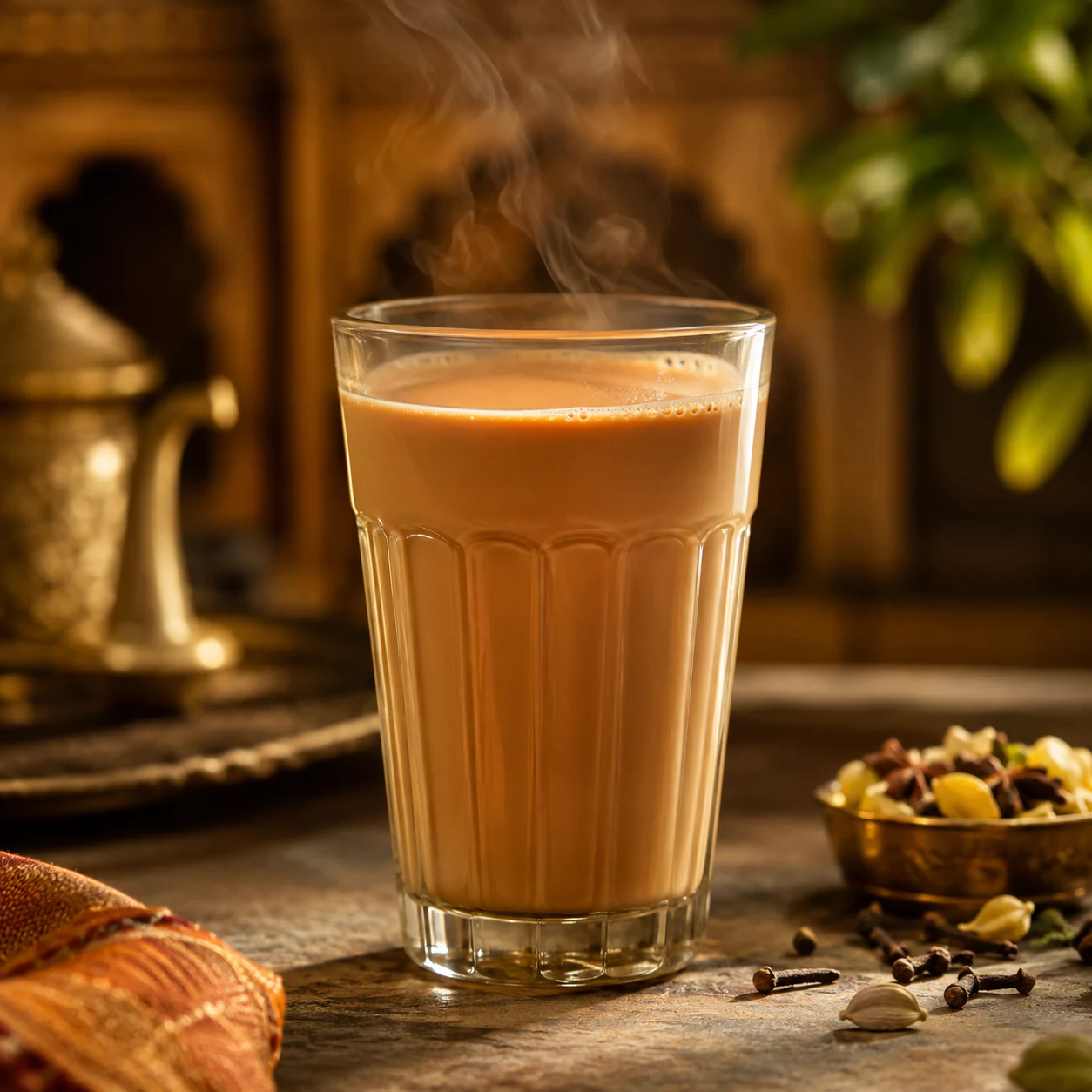 Verre de chai fumant entouré d’épices