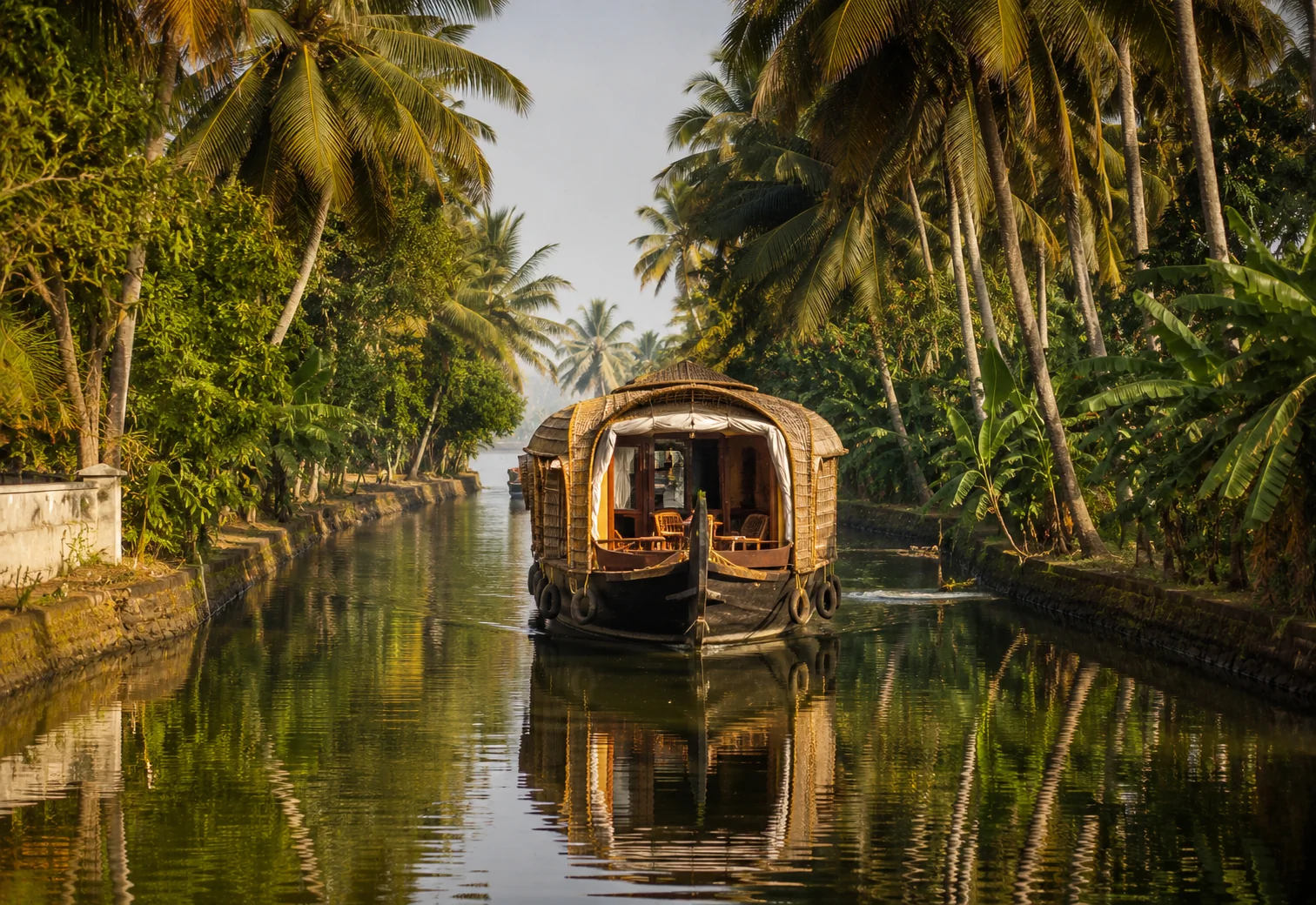 Houseboat naviguant sur les backwaters bordés de palmiers au Kerala