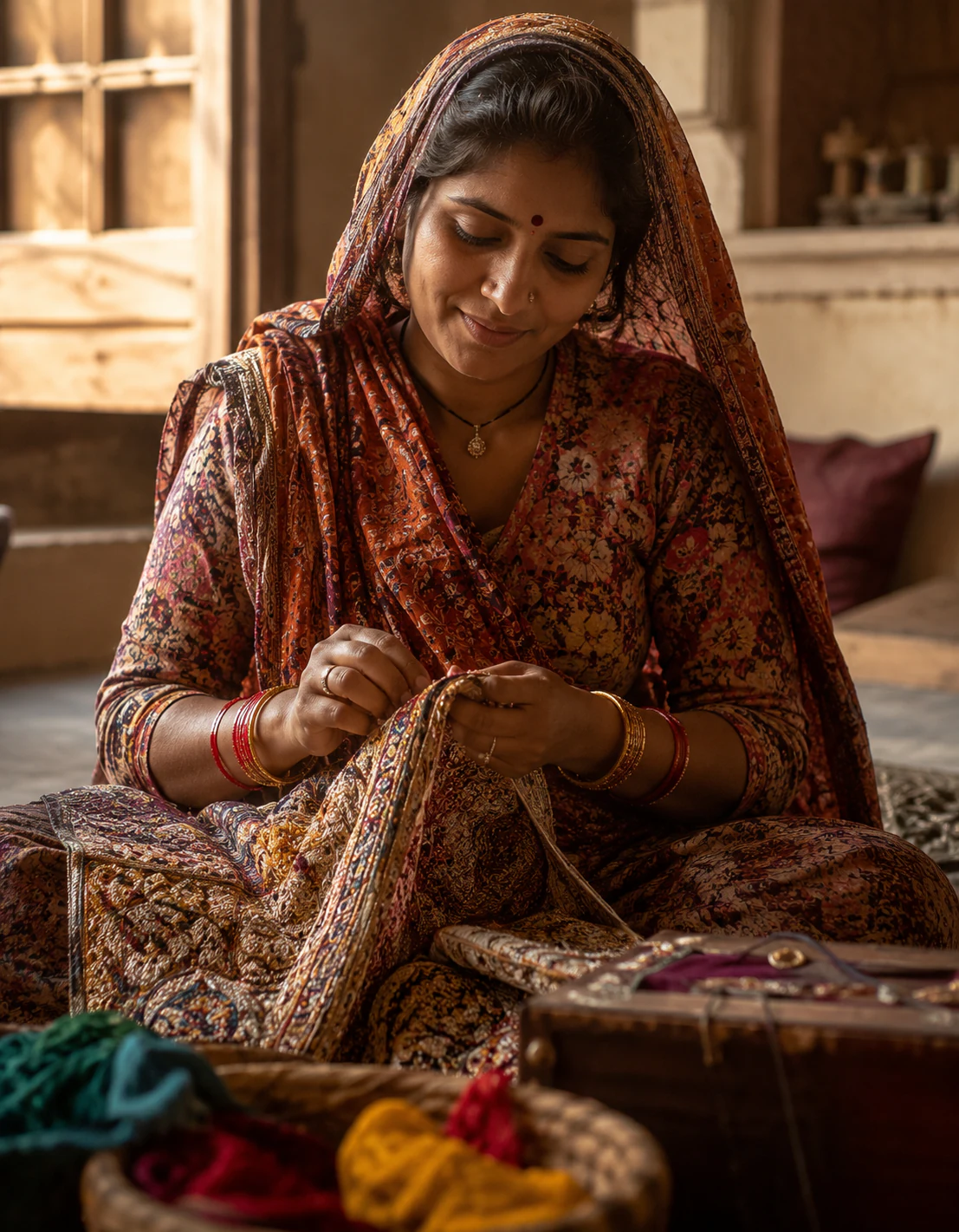 Artisane indienne brodant un textile coloré dans son atelier