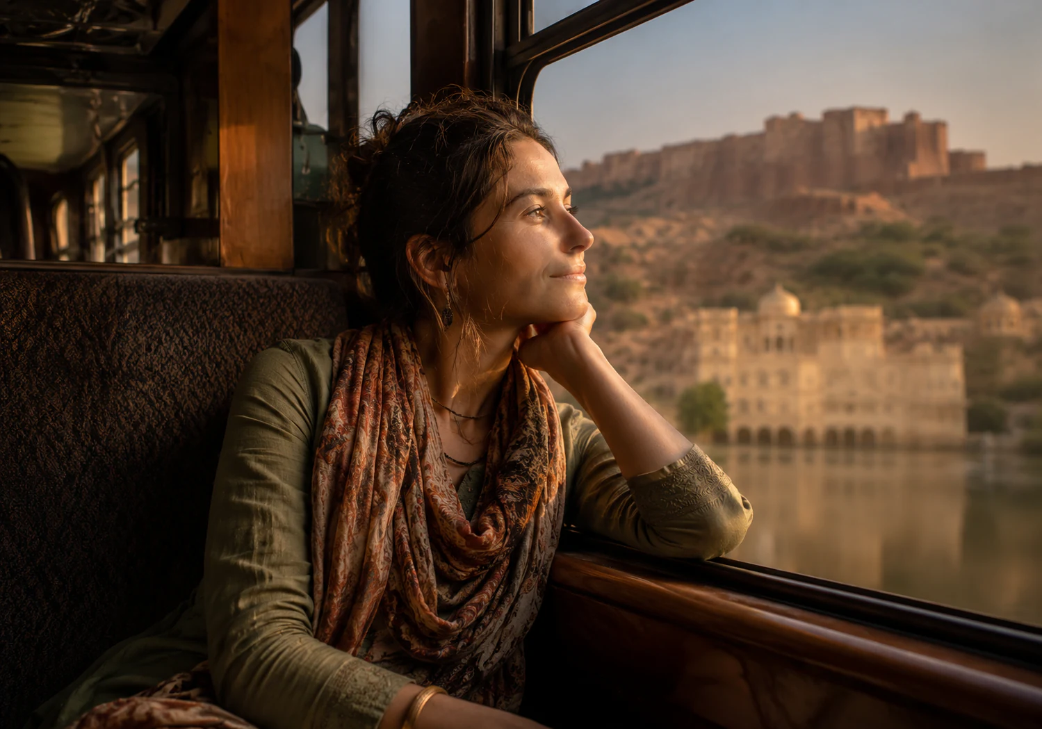 Voyageuse contemplant un fort du Rajasthan depuis la fenêtre d’un train