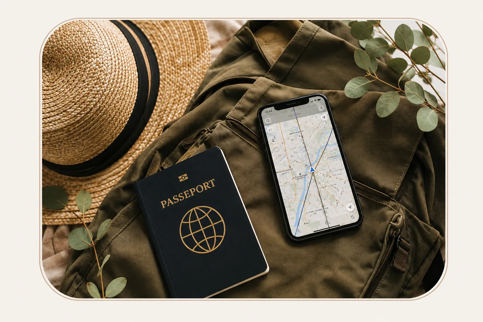 Passeport, téléphone avec application de carte et chapeau sur un sac à dos - applications utiles pour voyager